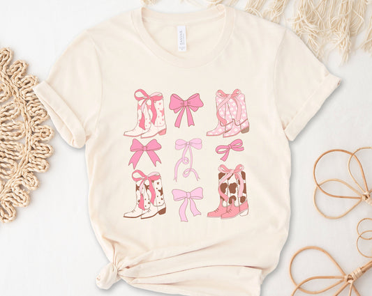 Western Pink Bows Shirt, Cowgirl Boots Shirt, Coquette Shirt, Woman Kids Tees