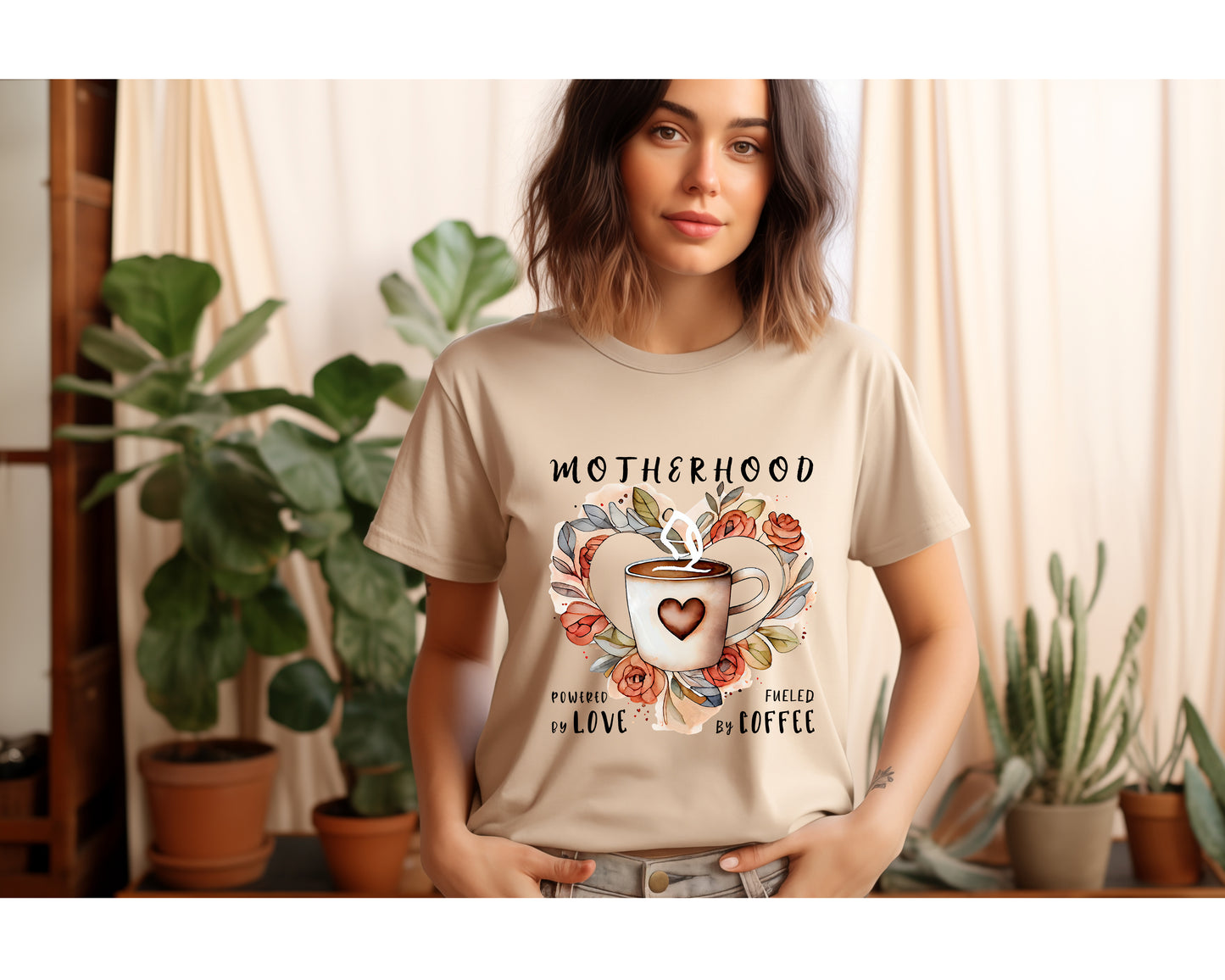 Motherhood Shirt, Powered by Love Fueled by Coffee, T Shirt