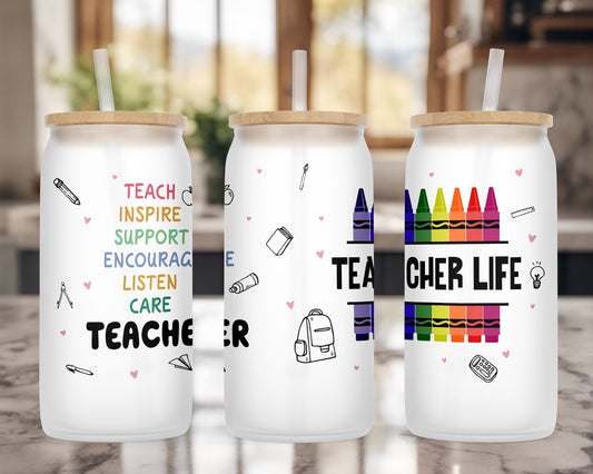 Teacher Life Cup, Glass Cup, Frosted Glass Cup, Gifts, Glass Can, 16oz Glass Cup, Libbey, Teacher Appreciation Gifts, Coffee Mugs, School