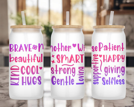 Mother's Day Gift, Glass Cup, Frosted Glass Can, Gifts for her, 16oz Glass Can Tumbler, Mom Gifts, Birthday Gift, Loving Mom, Coffee Cup