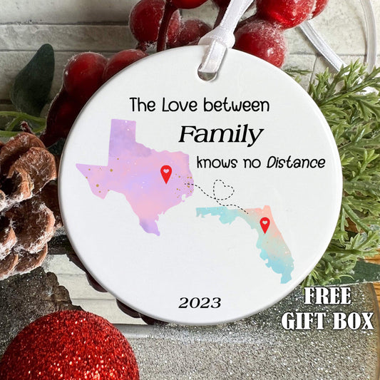Family Ornament, State Ornaments, Long Distant Gift, State to State Ornament, Love Between Knows no Distance, Christmas Long Distance Friend